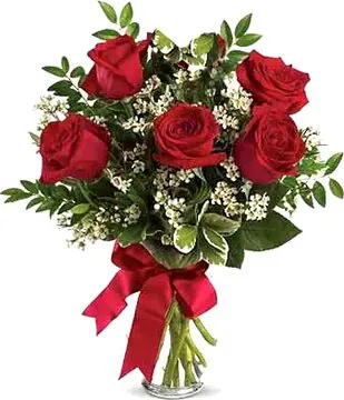 5 Premium Grade Red Roses Decorated with seasonal greenery. Conveys love and passion. Suitable for occasions like births, love, congratulations, birthdays, weddings, anniversaries and inaugurations.