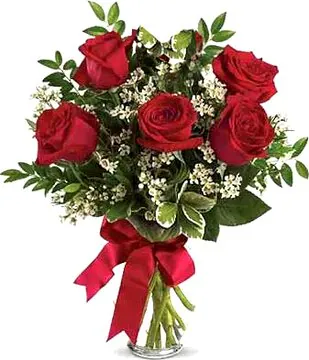 5 Rose Rosse Big di Prima Scelta e Verde Misto Decorativo di Stagione. Esprime Amore, Passione, e Affetto. Adatto per occasioni come Compleanni, Amicizia, Amore, Felicitazioni, Anniversari e Inaugurazioni.