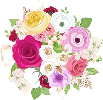 Mixed color Small Roses bouquet and seasonal decorative greenery. Gives Cheer, Happiness and Affection. Suitable for occasions of Birthdays, Friendship, Love, Congratulations, Births, Anniversaries and Inaugurations.