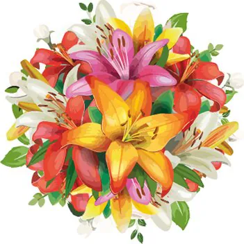 Mixed flowers bouquet with Lilies and seasonal decorative greenery. Gives Cheer, Happiness and Affection. Suitable for occasions of Birthdays, Friendship, Love, Congratulations, Births, Anniversaries and Inaugurations.