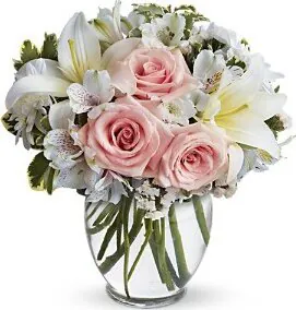 Bouquet with Roses, Lilies and seasonal filler flowers. Suitable for love, congratulations, birthdays, weddings, anniversaries and inaugurations.