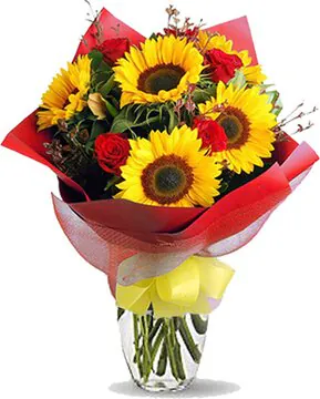 Tall variety of Sunflowers and Red Roses decorated with seasonal greenery. Suitable for love, congratulations, birthdays, weddings, anniversaries and inaugurations.