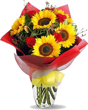 Composizione di Girasoli Big e Rose Rosse di Prima Scelta con Verde decorativo e Confezione a Tono. Esprime Amore, Allegria e Felicità. Adatto per occasioni come Compleanni, Amicizia, Amore, Felicitazioni, Matrimoni, Nascita, Anniversari e Inaugurazioni.