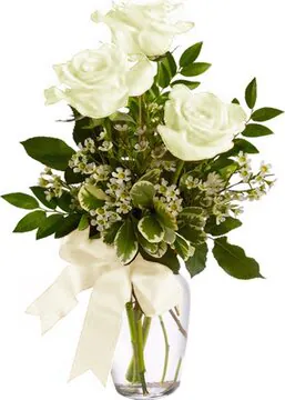 3 White Roses decorated with seasonal greenery.  Suitable for love, congratulations, birthdays, weddings, anniversaries and inaugurations.