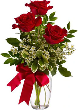 3 High Quality Red Roses decorated with Seasonal Greenery. Conveys love and passion. Suitable for love, congratulations, birthdays, weddings, anniversaries and inaugurations.