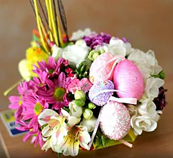 Easter Mixed Flowers Centerpiece and seasonal greenery
