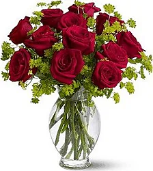 12 highest quality Red Roses with seasonal greenery