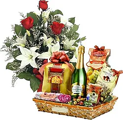 3 red roses and light-colored lilies with Christmas gift basket