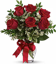 Sei Rose Rosse Big in Elegante Confezione a Tono con Verde Decorativo di Stagione