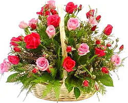 Basket of pink and red roses
