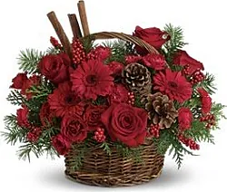 Basket with Roses, Gerberas and Christmas greenery