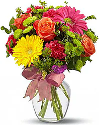 Fuxia and Gerberas Bouquet with Mixed Multicolours Seasonal Flowers
