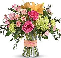 Lilium and Pink Roses Bouquet with Seasonal Greenery