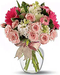 Pink Roses and Gerberas Bouquet with seasonal filler flowers