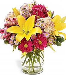 Bright lilies, daisies or gerberas and mixed flowers