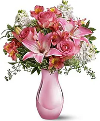 Bright roses, lilies, alstroemerias and mixed flowers