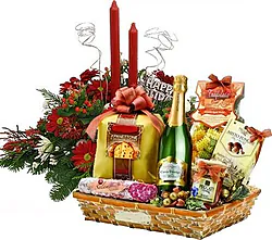 Red and white Christmas centerpiece with Christmas gift basket