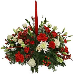 Red and White Christmas centerpiece with seasonal Mixed Flowers and Christmas Greenery