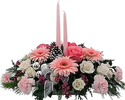 Christmas centerpiece with seasonal Mixed Flowers and Christmas Greenery