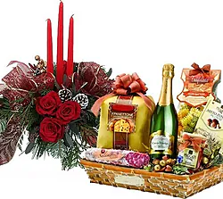 Christmas centerpiece with 3 red roses and Christmas gift basket