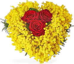Women's Day Mimosa heart-shape arrangement with 3 Red Roses