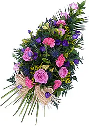 Funeral spray of roses, carnations and mixed flowers in deep colors
