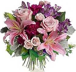 Lively roses, lilies, alstroemerias and mixed flowers