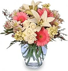 Pastel lilies, gerberas and lisianthuses or roses