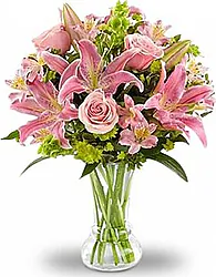 Pink lilies, roses, alstroemerias and mixed flowers