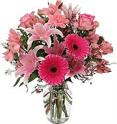 Pink roses, gerberas, lilies and mixed flowers