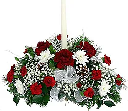 Christmas centerpiece of red and white mixed flowers