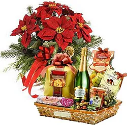 First-class red poinsettia with Christmas gift basket
