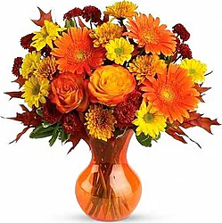 Roses, gerberas and/or daisies and mixed flowers in warm colors