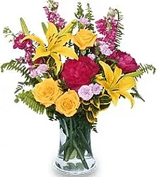 Roses, lilies and mixed flowers in bright colors