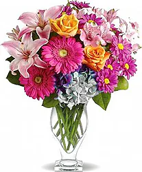 Roses, lilies, gerberas and mixed flowers in festive colors