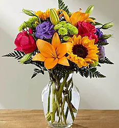 Sunflower and Mixed Flowers Bouquet with seasonal greenery