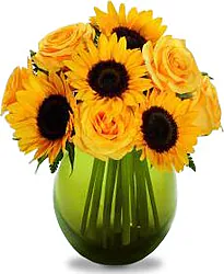Sunflowers, roses and mixed flowers in sunny colors