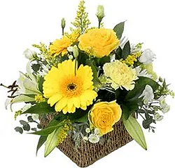 Sunny basket of roses, gerberas, lisianthuses and mixed flowers