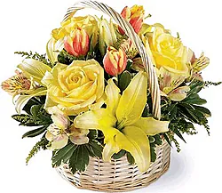 Sunny basket of roses, lilies, alstroemerias and mixed flowers