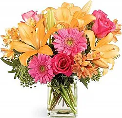 Sunny roses, gerberas, lilies and mixed flowers