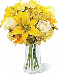 Sunny roses, lilies, alstroemerias and mixed flowers