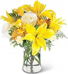 Sunny roses, lilies, alstroemerias and mixed flowers