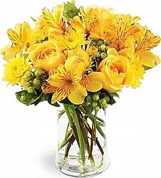 Yellow Roses, Alstroemerias and seasonal greenery