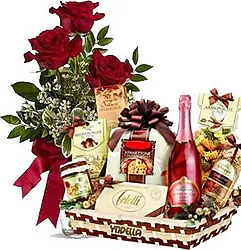 Trio of red roses with Christmas gift basket